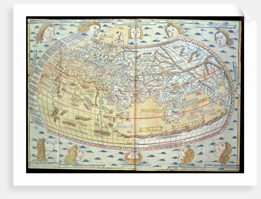 Map of the world, based on descriptions and co-ordinates given in 'Geographia', first published in Ulm, Germany by Ptolemy