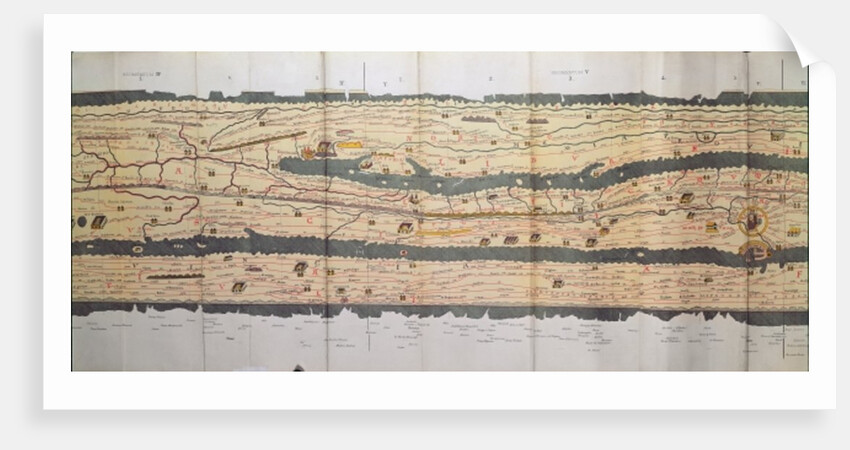 Part of the Tabula Peutingeriana, an illustrated itinerarium of the road network in the Roman EmpireDetail of Italy from the Peutinger map copy by Anonymous