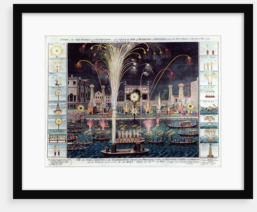 A view of the Fire-workes and Illuminations at his Grace the Duke of Richmond's at White-hall and on the River Thames, on Monday 15 May, 1749 by English School
