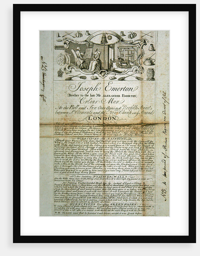Trade sheet of Joseph Emerton, Colour Man. advertising supplies of materials for painters and artists, c.1744 by Anonymous