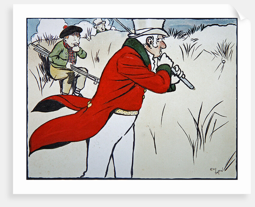 Angry golfer driving his ball into the scrub while his caddy tries to stop himself from laughing, 1901 by Cecil Charles Windsor Aldin