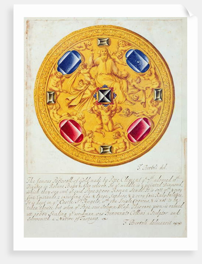 Front view of a pectoral ornament of gold and jewels made for Pope Clement VII by Cellini in c.1523-34, 1729 by F. Bertoli