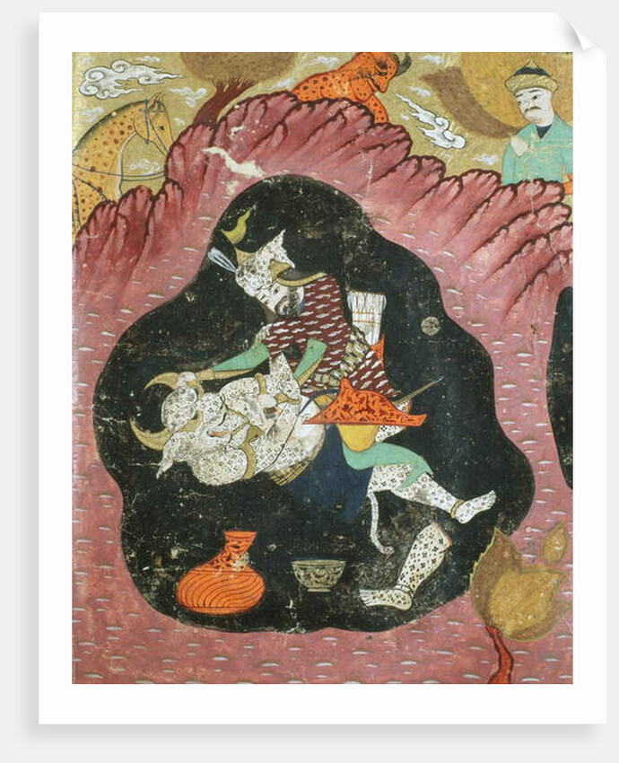 Rostam killing the White Demon in a cave by Persian School