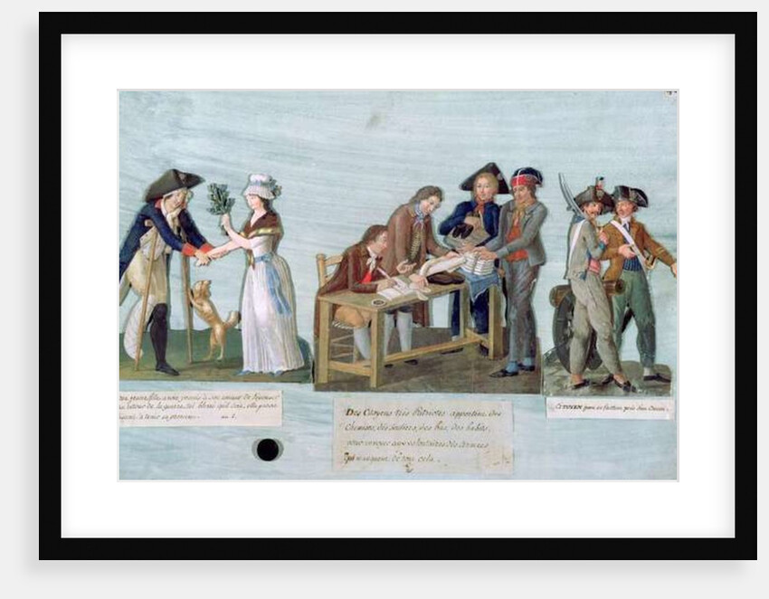 A Woman Promising to Marry her Wounded Suitor after the War, Patriotic Citizens Donating their Clothes to the Fighting Volunteers and Guards near their cannon, c.1792 by Lesueur Brothers