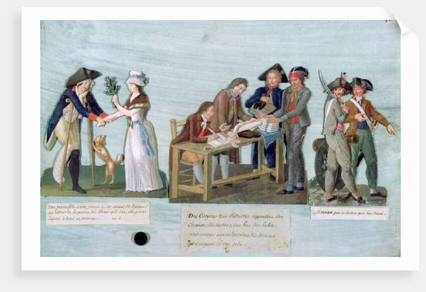 A Woman Promising to Marry her Wounded Suitor after the War, Patriotic Citizens Donating their Clothes to the Fighting Volunteers and Guards near their cannon, c.1792 by Lesueur Brothers