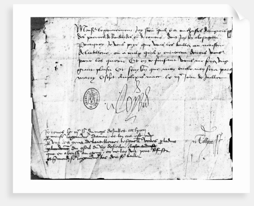 Signature of Louis XI on a letter to the Governor of Anjou, dated 3 July 1472 by French School