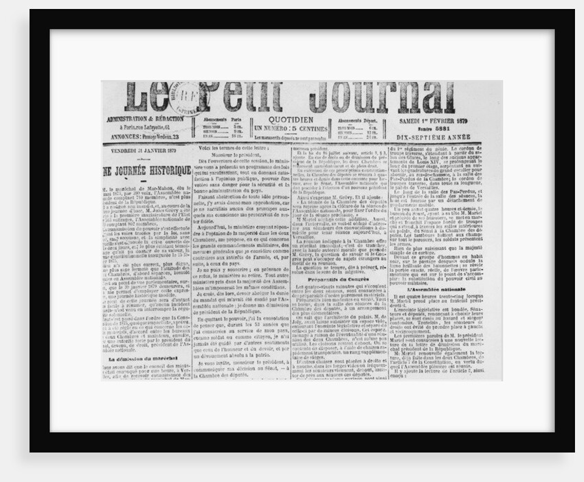 Front page of 'Le Petit Journal', telling of the resignation of Patrice de MacMahon, 1 February 1879 by French School
