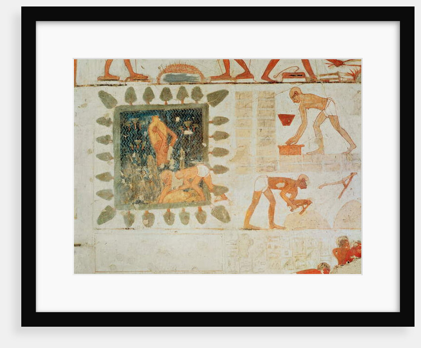 Wall painting depicting two men collecting water from a square lake surrounded by trees and slaves making bricks by Egyptian 18th Dynasty
