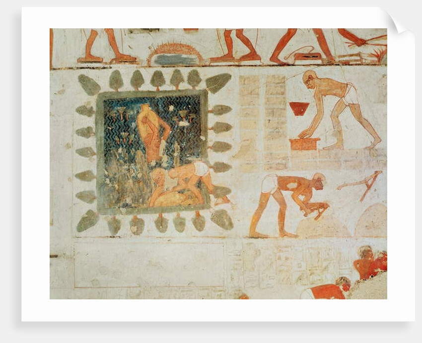 Wall painting depicting two men collecting water from a square lake surrounded by trees and slaves making bricks by Egyptian 18th Dynasty