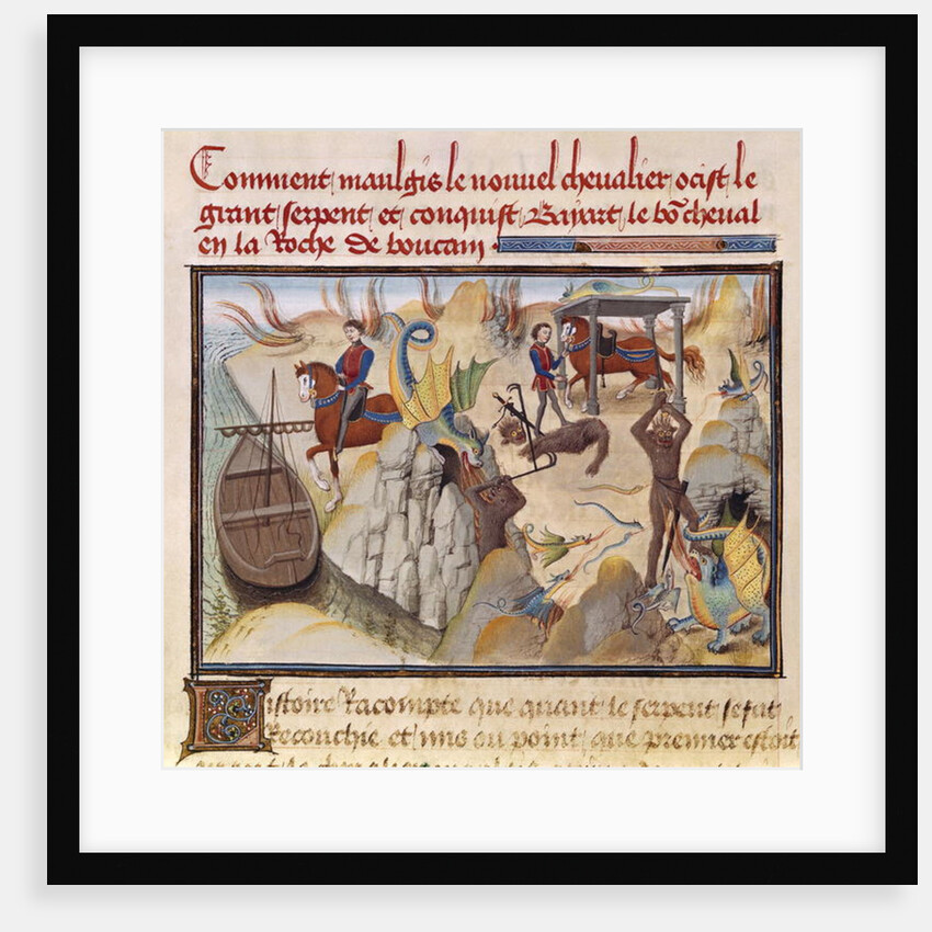 Ms 5072 fol.37v Maugis Fighting the Serpent and Gaining the Enchanted Horse, Bayard by Loyset Liedet