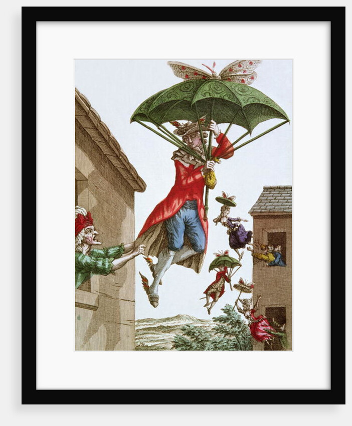 Held Aloft by Umbrellas and Butterflies, Men and Women Fly Out of Windows by French School