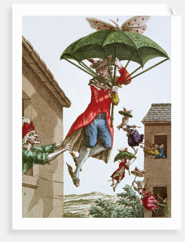 Held Aloft by Umbrellas and Butterflies, Men and Women Fly Out of Windows by French School
