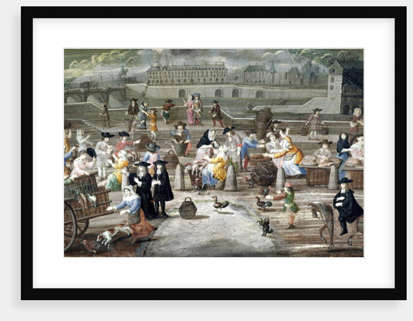 Bread and Poultry Market on Quai des Grands Augustins, painted for a fan by French School