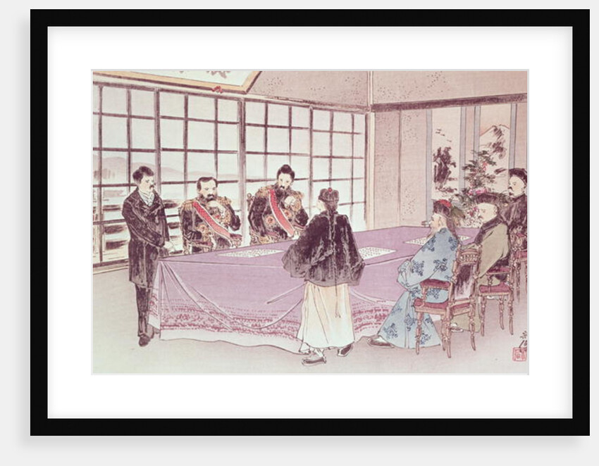 The Japanese ministers I-Tso and Mou-Tsou discuss with the Chinese envoy Ri-Ko-Sho the conditions of the Shimonoseki truce, 16th April 1895 by School Chinese