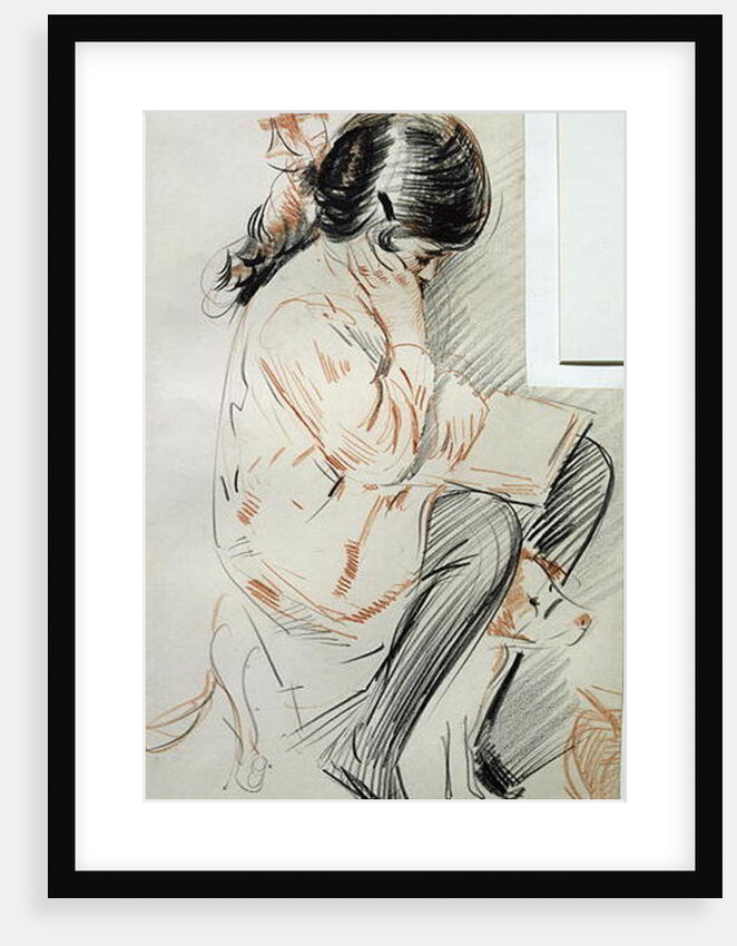 Paulette Reading Sitting on her Toy Dog by Paul Cesar Helleu