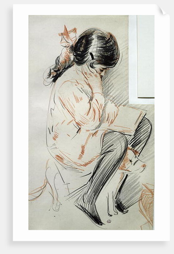 Paulette Reading Sitting on her Toy Dog by Paul Cesar Helleu