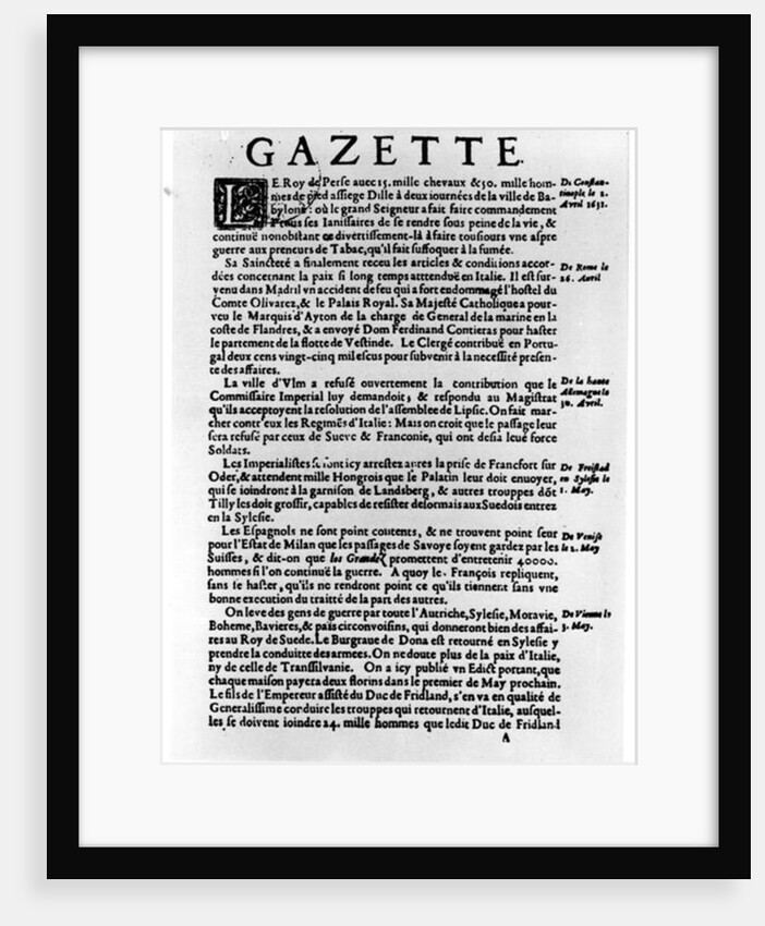Page of text from 'La Gazette' describing the siege of a town near Babylon by the King of Persia, 1632 by Theophraste Renaudot