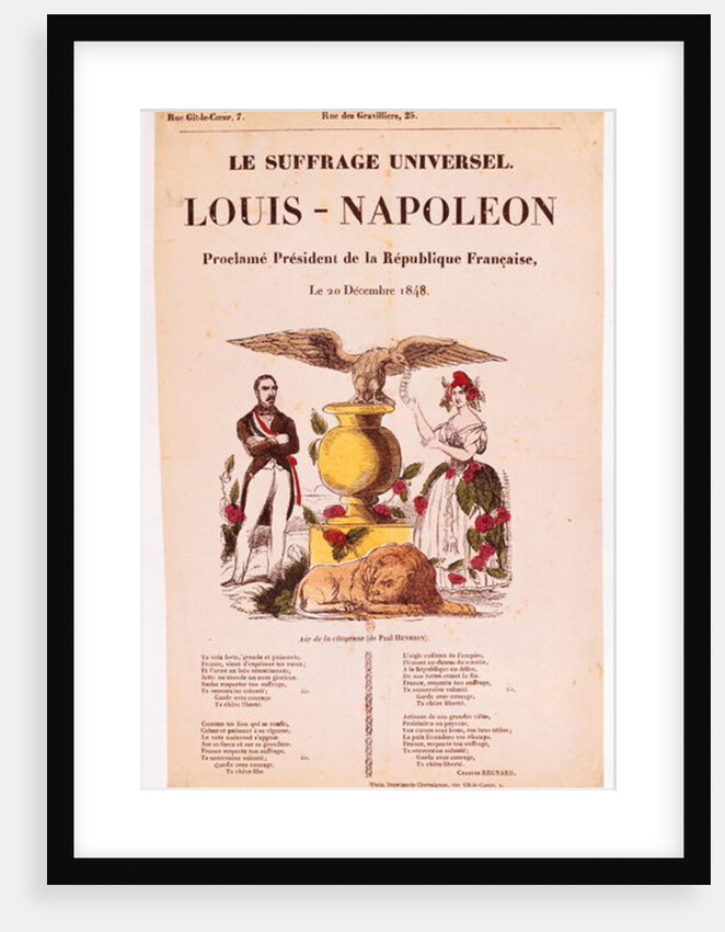 Illustrated lyric sheet for 'Le Suffrage Universel, Louis-Napoleon proclame president de la Republique francaise', 1848 by French School