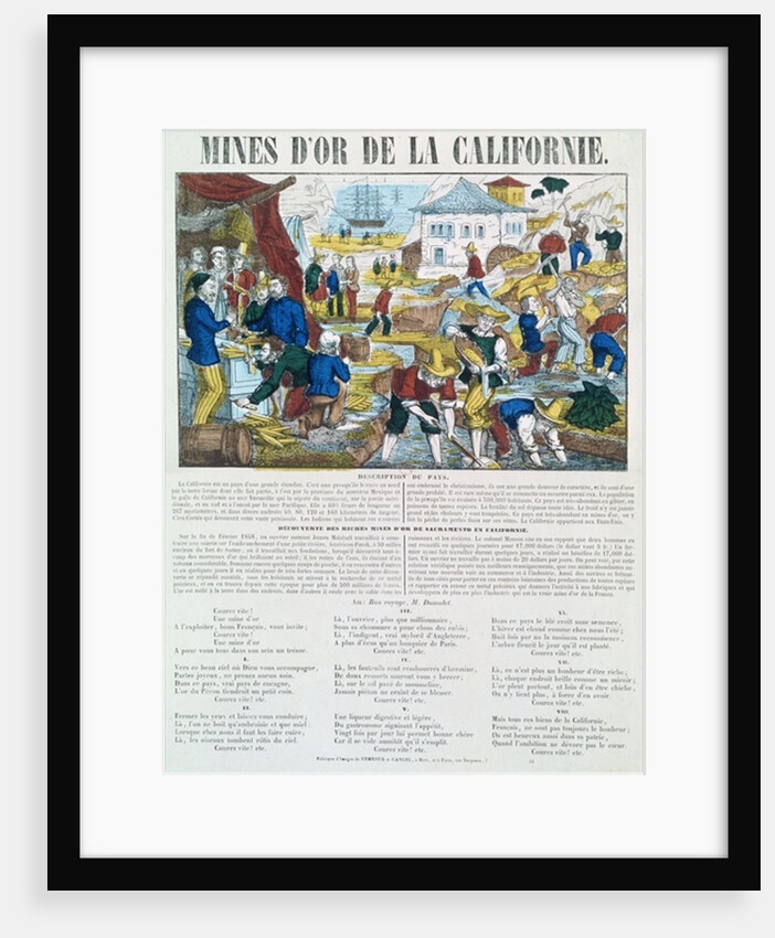 Illustrated lyric and history sheet for the 'Mines d'Or de la Californie' by French School