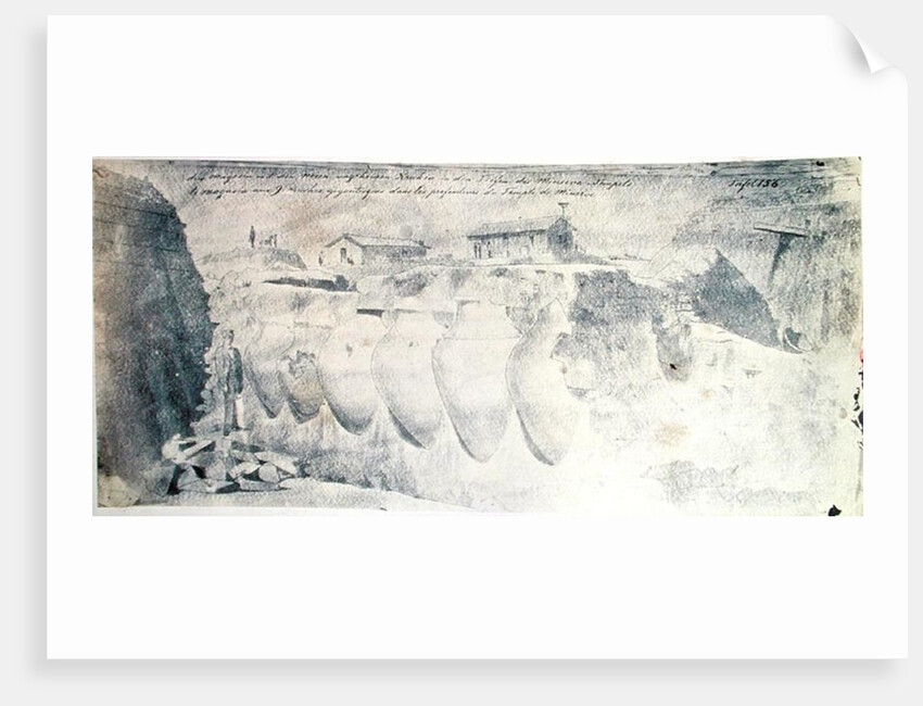 Sketch of a shop with nine giant amphorae in the lower levels of the Temple of Minerva by Heinrich Schliemann