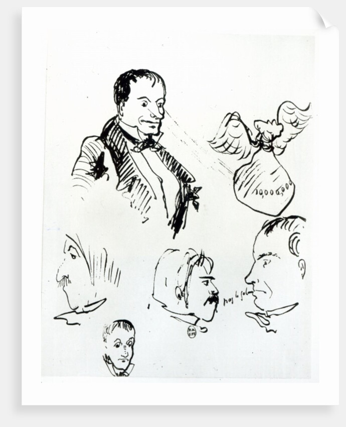 Three self portraits and profiles of Jules Champfleury and Charles Asselineau c.1857-58 by Charles Pierre Baudelaire