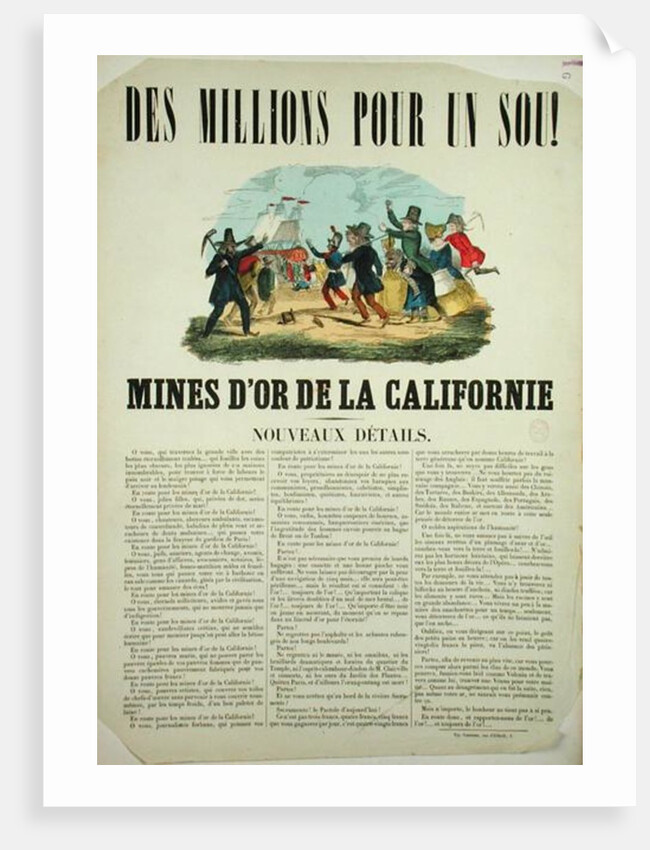 Poster advertising the gold mines in California by French School