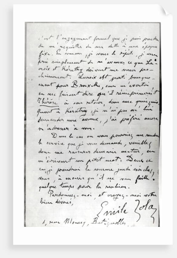 Letter from Zola to Edouard Manet 1868 by Emile Zola