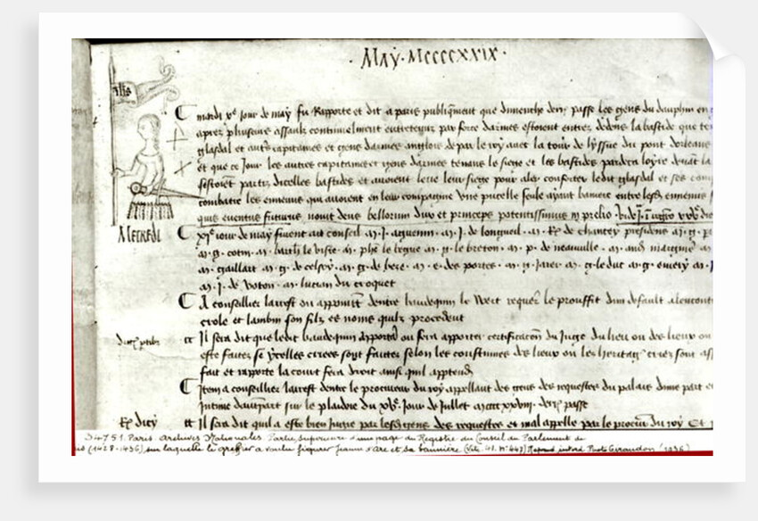 Page from 'The Register of the Council of the Parliament of Paris' depicting Joan of Arc, 10th May 1429 by French School