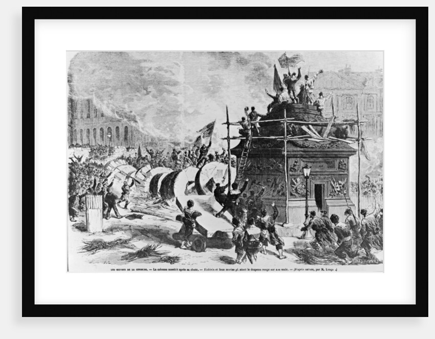 The Vendome column just after its fall, Federes and fake sailors putting the red flag in the pedestal, 16th May 1871 by Auguste Andre Lancon