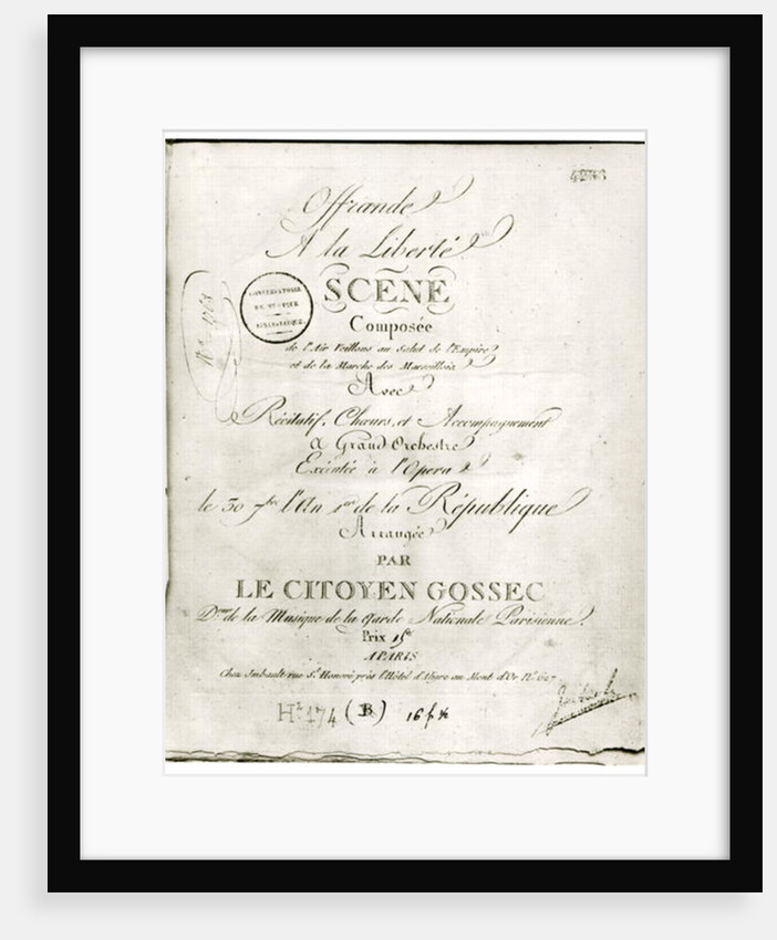 Cover for the score of 'Offrande a la Liberte' arranged by Francois Joseph Gossec and performed at the Opera 30th September An I, 1792 by French School