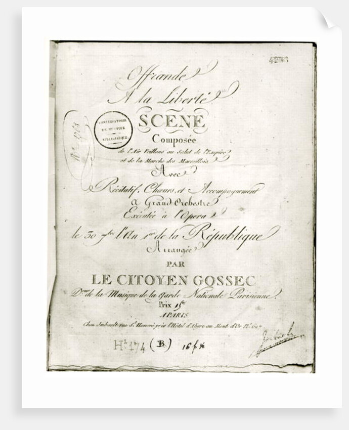 Cover for the score of 'Offrande a la Liberte' arranged by Francois Joseph Gossec and performed at the Opera 30th September An I, 1792 by French School