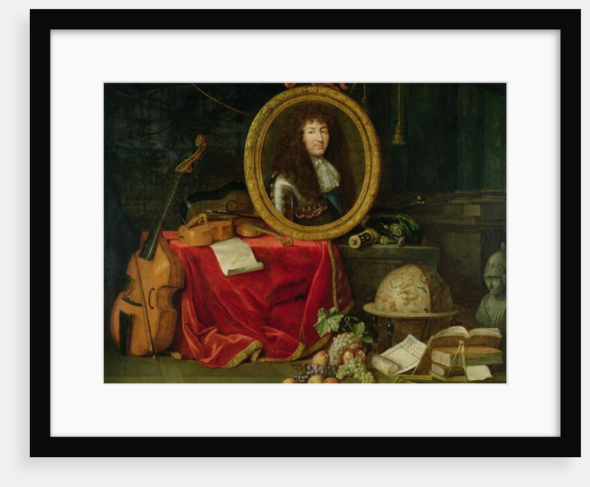 Still life with portrait of King Louis XIV surrounded by musical instruments, flowers and fruit, 1672 by Jean Garnier