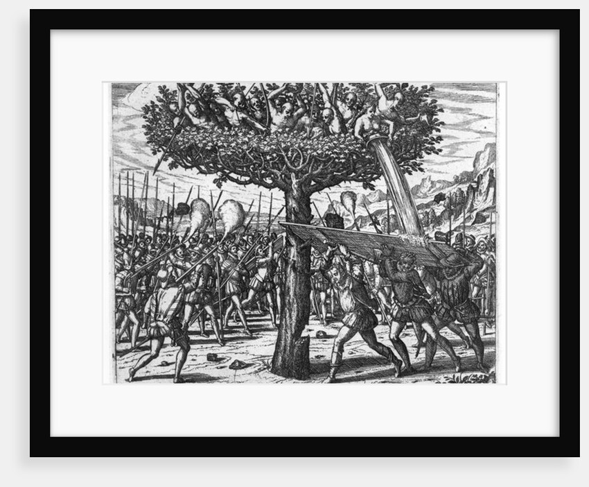 Indians in a Tree Hurling Projectiles at the Spanish by Theodor de Bry