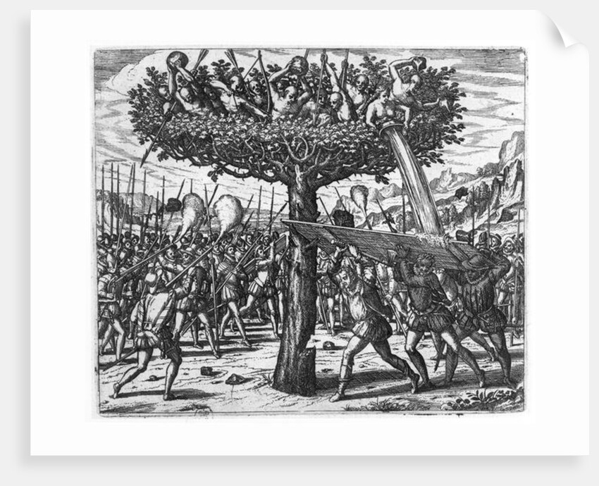 Indians in a Tree Hurling Projectiles at the Spanish by Theodor de Bry