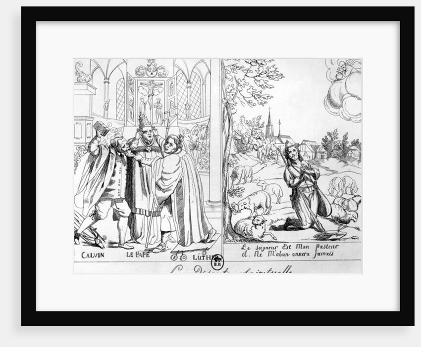 Caricature depicting a Spiritual Dispute between Pope Leo X Martin Luther and John Calvin 1838 by French School