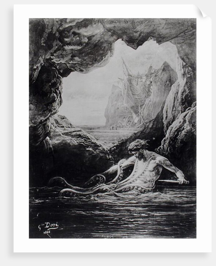 Gilliatt struggles with the giant octopus by Gustave Dore