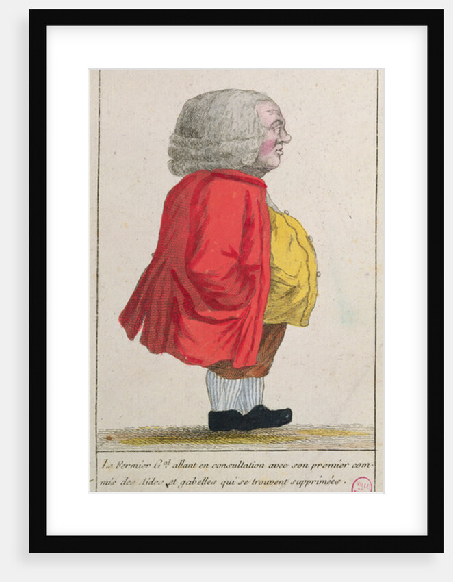 Caricature depicting the Farmer General going to consult with his chief civil servant in charge of welfare and taxes about their abolition by French School