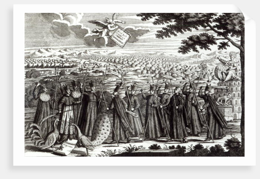 Satirical engraving depicting the Bull Unigenitus Dei Filius and the fight between the Jansenists and the Jesuits, 1714 by French School