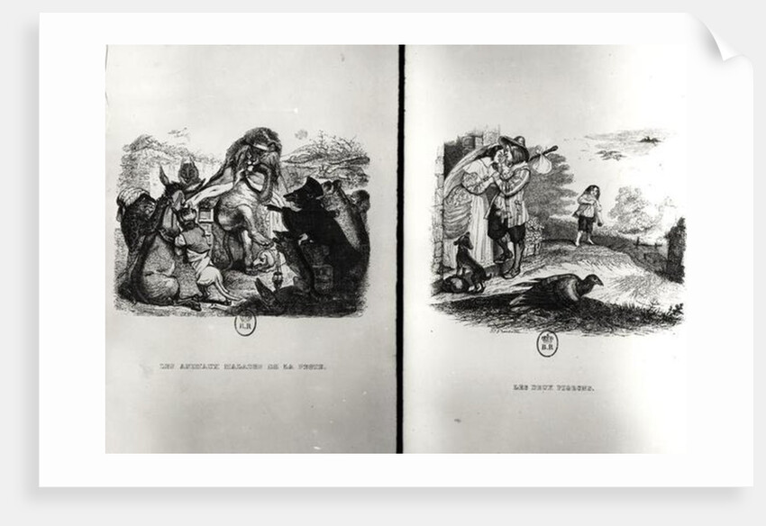 Animals with the Plague and The Two Pigeons, illustrations from the Fables of La Fontaine by Grandville (1803-47)