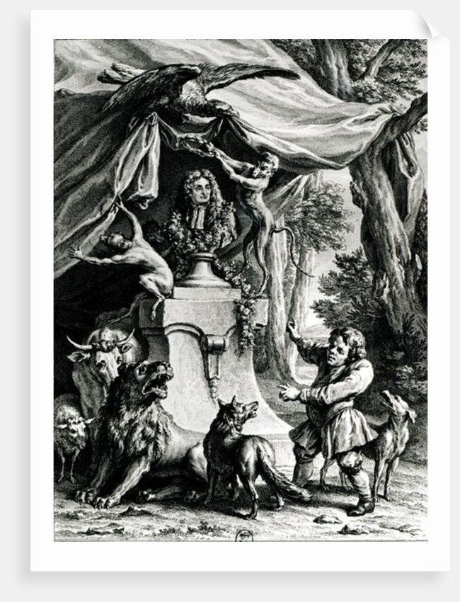 Allegorical portrait of Jean de La Fontaine surrounded by animals from his fables by Jean-Baptiste Oudry