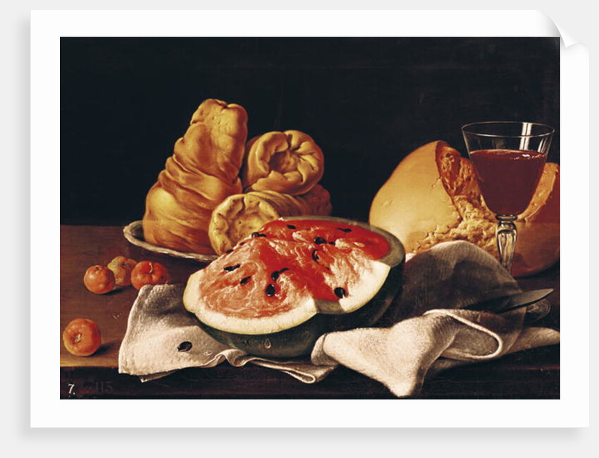 Glass of Wine, Watermelon and Bread by Luis Egidio Menendez or Melendez