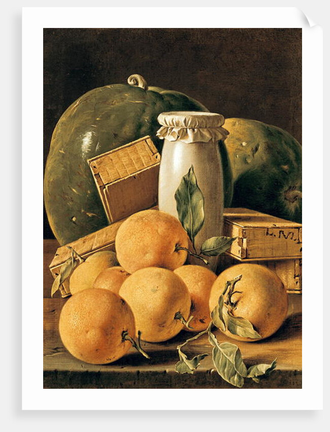 Still Life of Oranges, Watermelon, a Pot and Boxes of Cake by Luis Egidio Menendez or Melendez