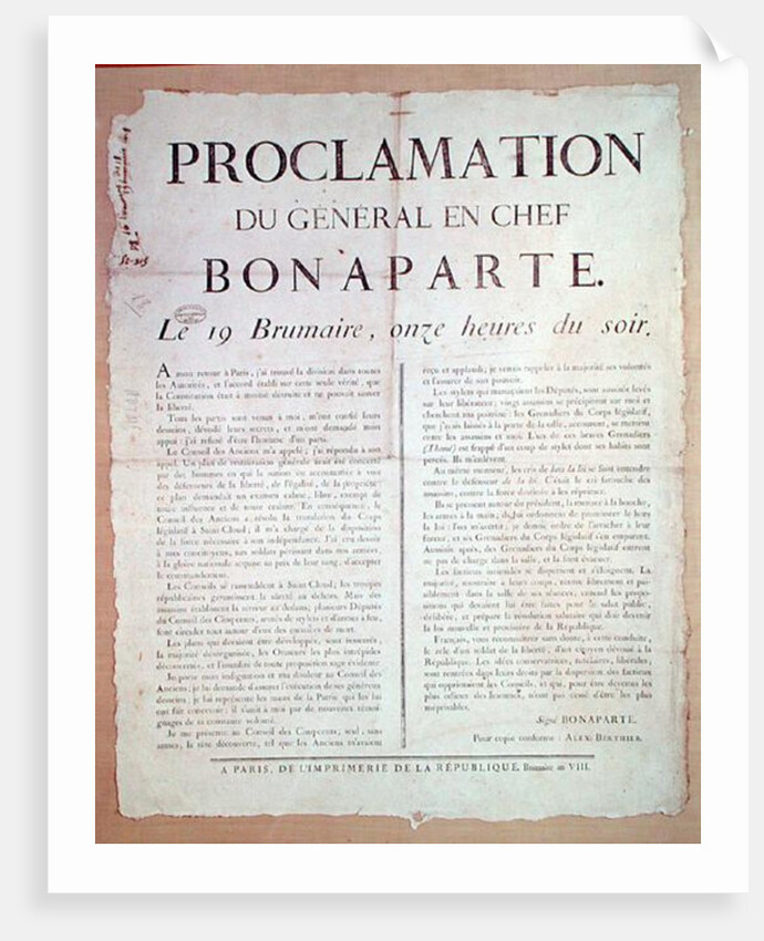 Proclamation of Napoleon I 19 Brumaire An 8 by French School