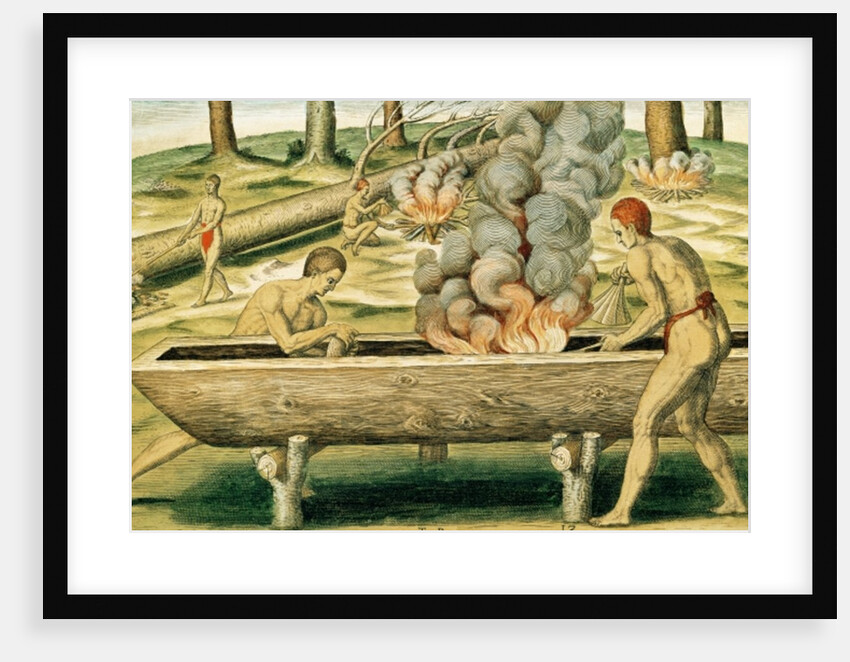 Indians Making a Dugout Canoe by Theodore de after White John Bry