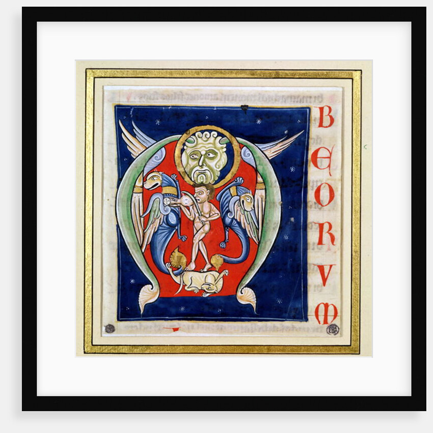 Historiated initial 'M' depicting a man playing a rebec and fantastical animals by French School