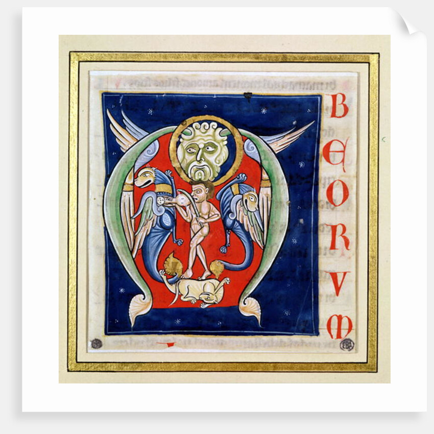 Historiated initial 'M' depicting a man playing a rebec and fantastical animals by French School