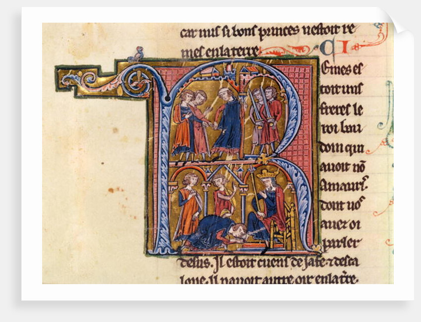 Historiated initial 'R' depicting the Sultan sending his messengers to the Caliph of Egypt and the Sultan kissing the feet of the Caliph by French School