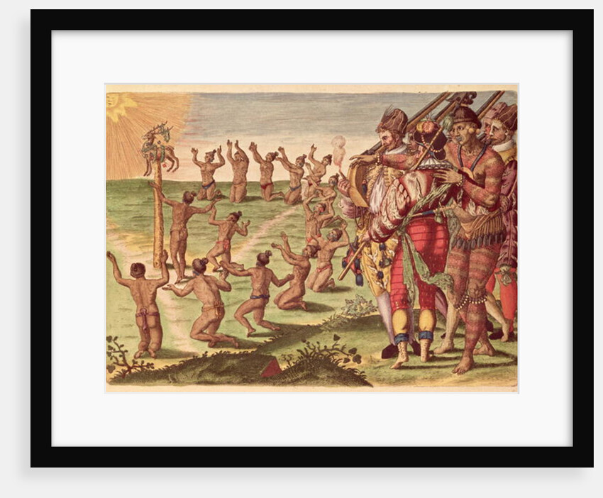 Sun worshipping ritual with an offering of a deer by Jacques Le Moyne