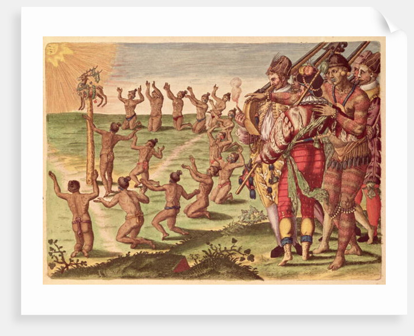 Sun worshipping ritual with an offering of a deer by Jacques Le Moyne