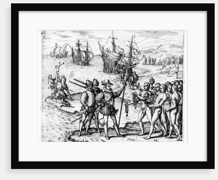 Christopher Columbus receiving gifts from the cacique, Guacanagari, in Hispaniola by Theodor de Bry